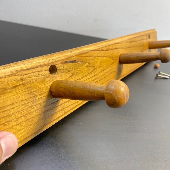 Vintage Wooden Peg Rack, Three Hooks, Wall Hanging Bathroom Hangers, 1960s Home - Picture 2 of 10